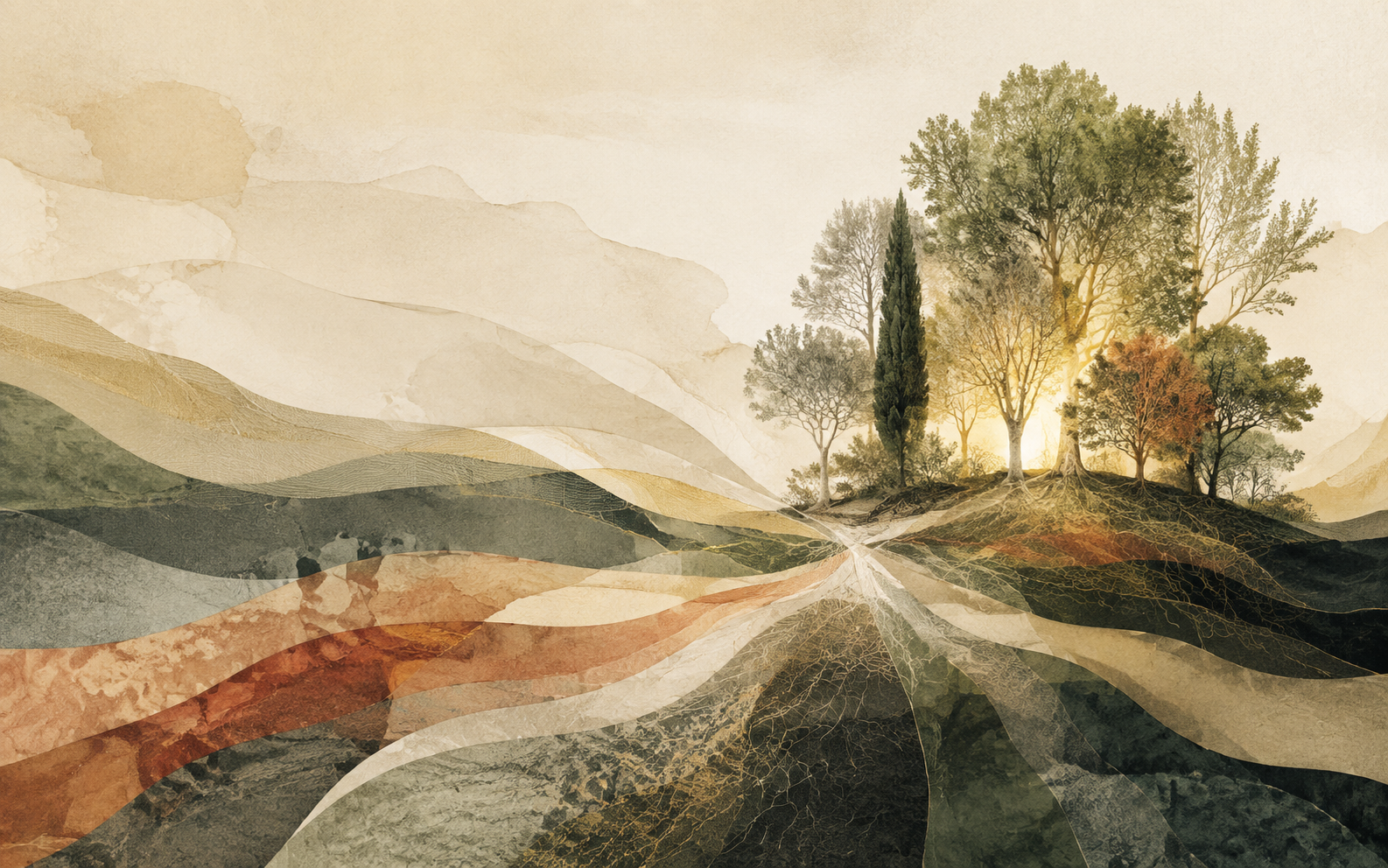 Layered paths converging into a luminous living grove
